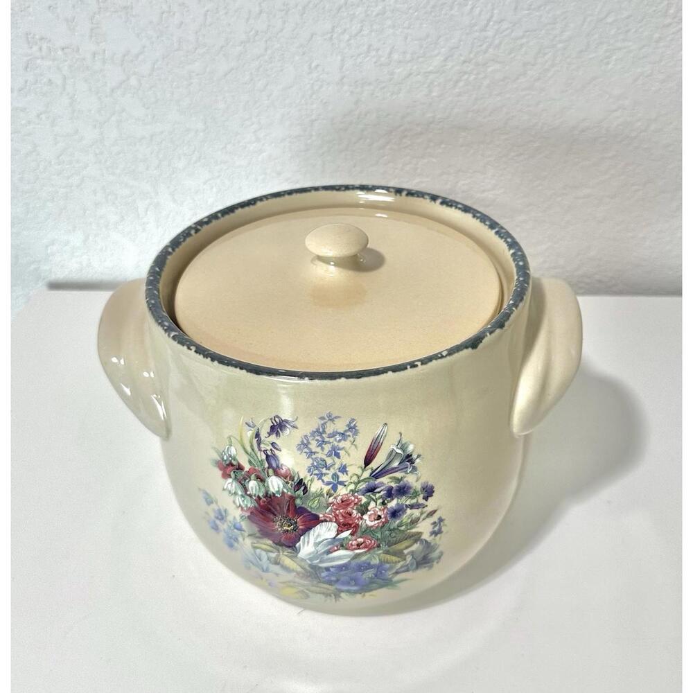 Home & Garden Party Lg Stoneware Ceramic Pot with Handles Lid and Floral Design - Picture 2 of 16